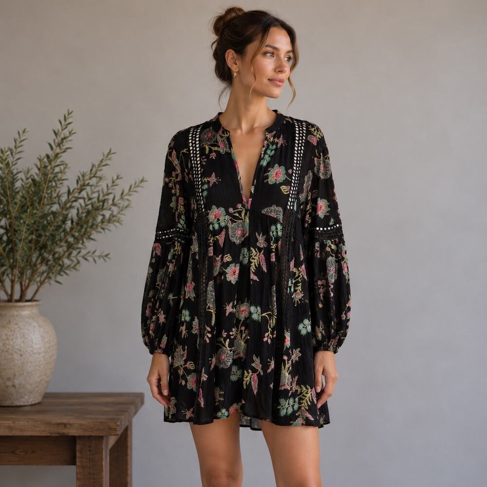 Free People Black Floral Boho Mini Dress  XS